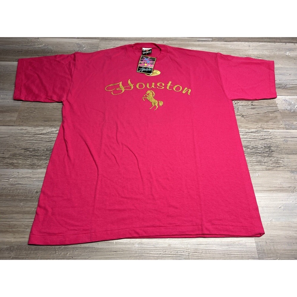 Vintage 90s Houston Texas Souvenir T-Shirt‎ Hot Pink Gold Metallic Barbiecore XL